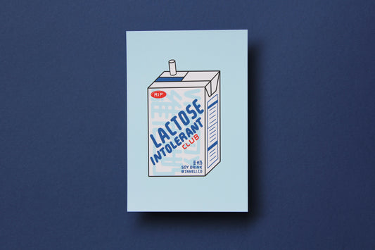 A JaneLi.Co mini print/postcard of a soymilk carton that says "Lactose Intolerant Club" over a navy blue background.
