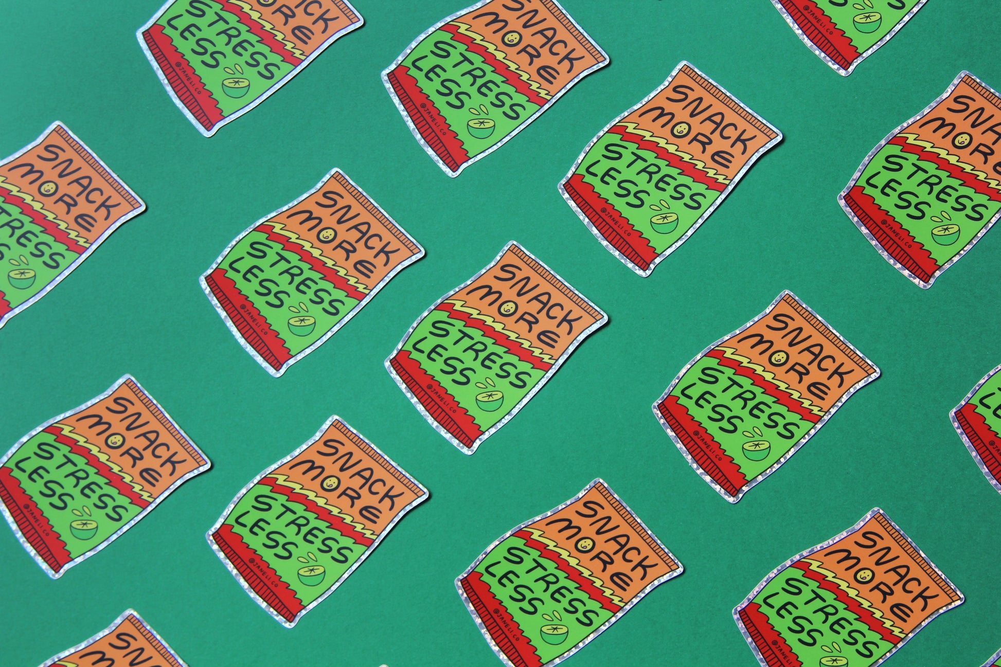 A grid of JaneLi.Co stickers of lime hot cheeto chip bag that says "Snack more stress less" over a green background.