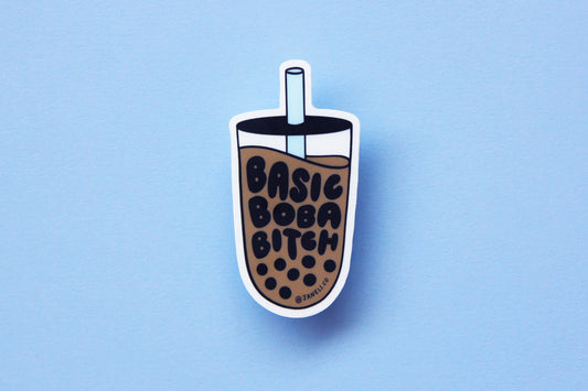 A JaneLi.Co sticker that says "Basic Boba Bitch" in the shape of a cup of boba over a sky blue background.