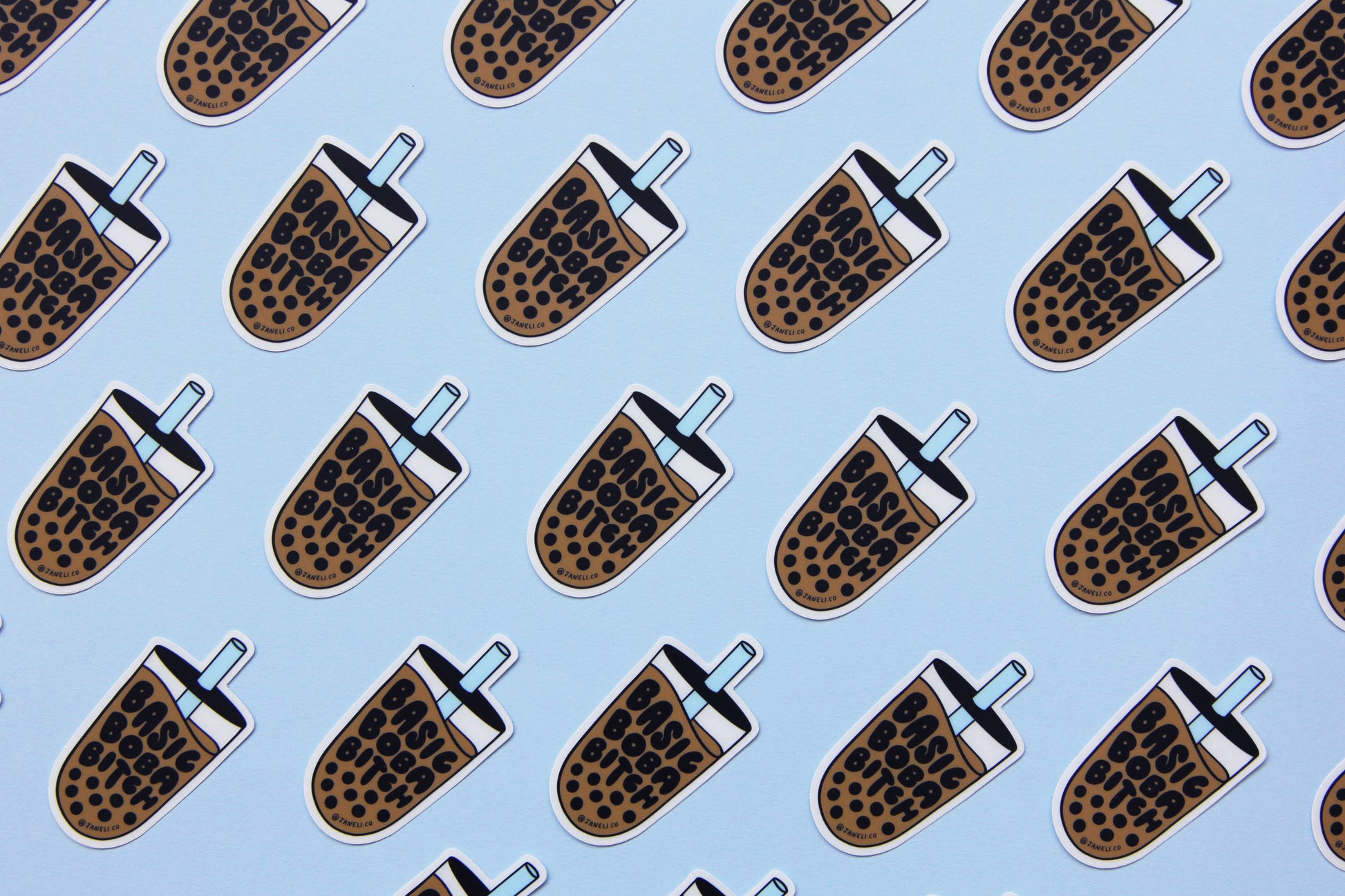 A grid of JaneLi.Co stickers that say "Basic Boba Bitch" in the shape of cups of boba over a sky blue background.