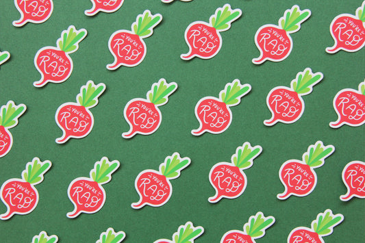 A grid of cute JaneLi.Co stickers that say "You're Rad" in the shape of small radished over a green background.