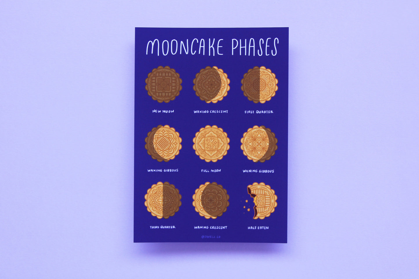 A JaneLi.Co print that says "Mooncake Phases" with 9 different illustrations of mooncakes in the different moon cycle phases over a purple background.