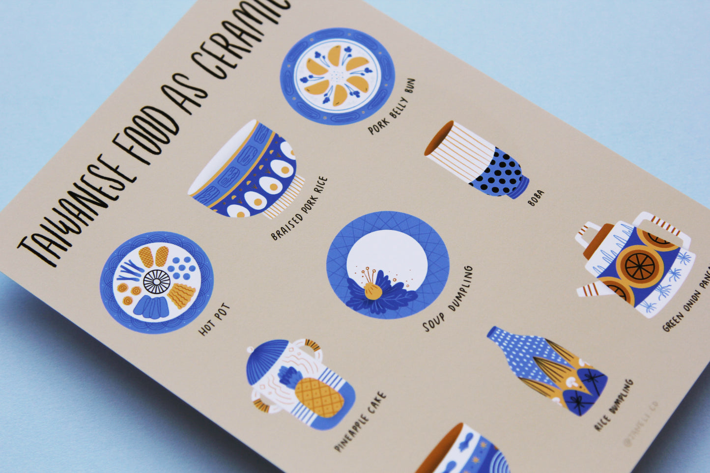 A close up of a JaneLi.Co print that says "Taiwanese Foods As Ceramics" with 9 different illustrations of ceramics over a blue background.