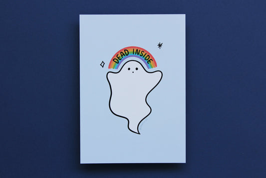 A JaneLi.Co print that shows a little white ghost holding up a rainbow that says "Dead Inside" over a navy blue background.