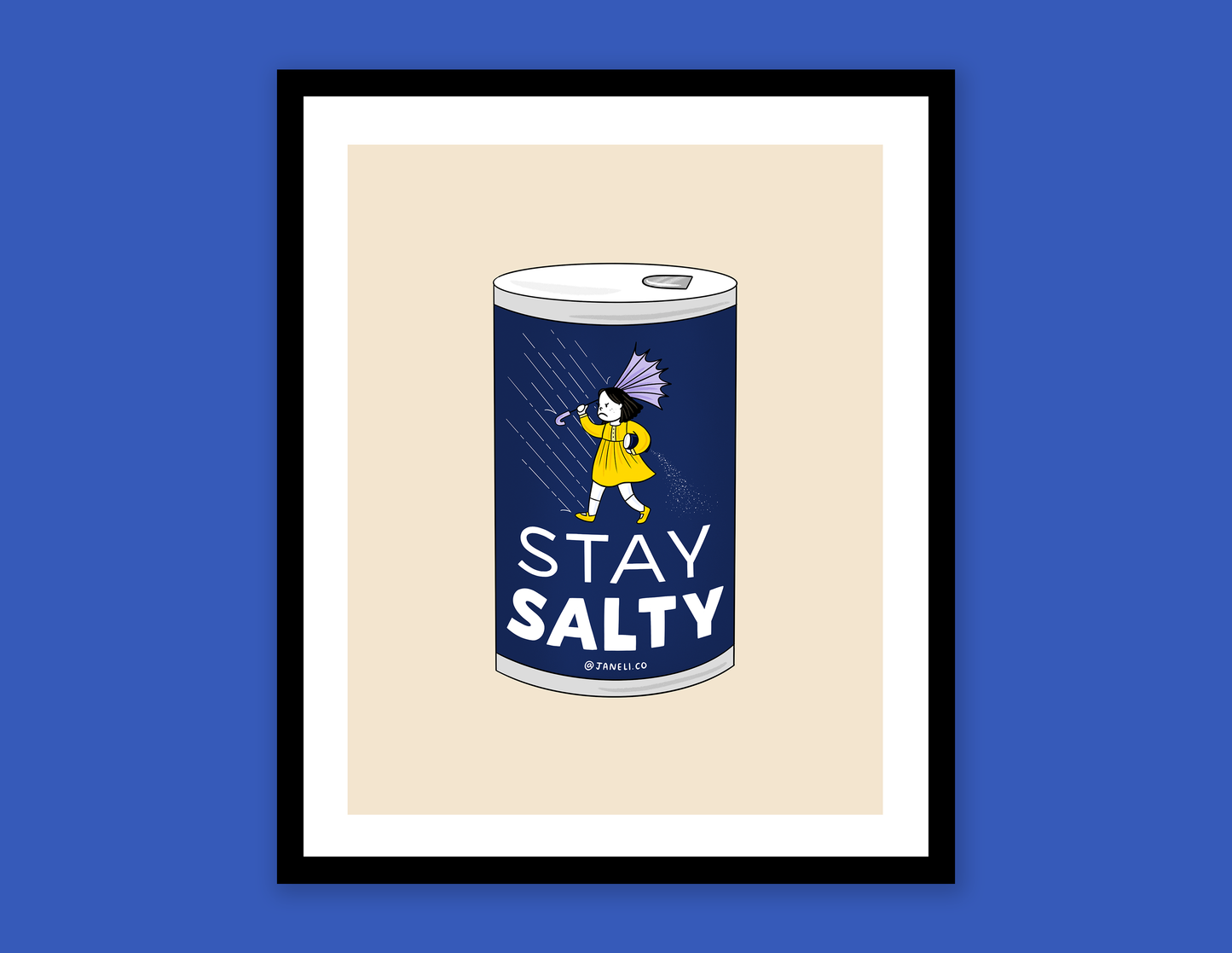 A digital mock of a framed JaneLi.Co print that shows a grumpy salt girl spilling a can of salt in the rain over a navy background.