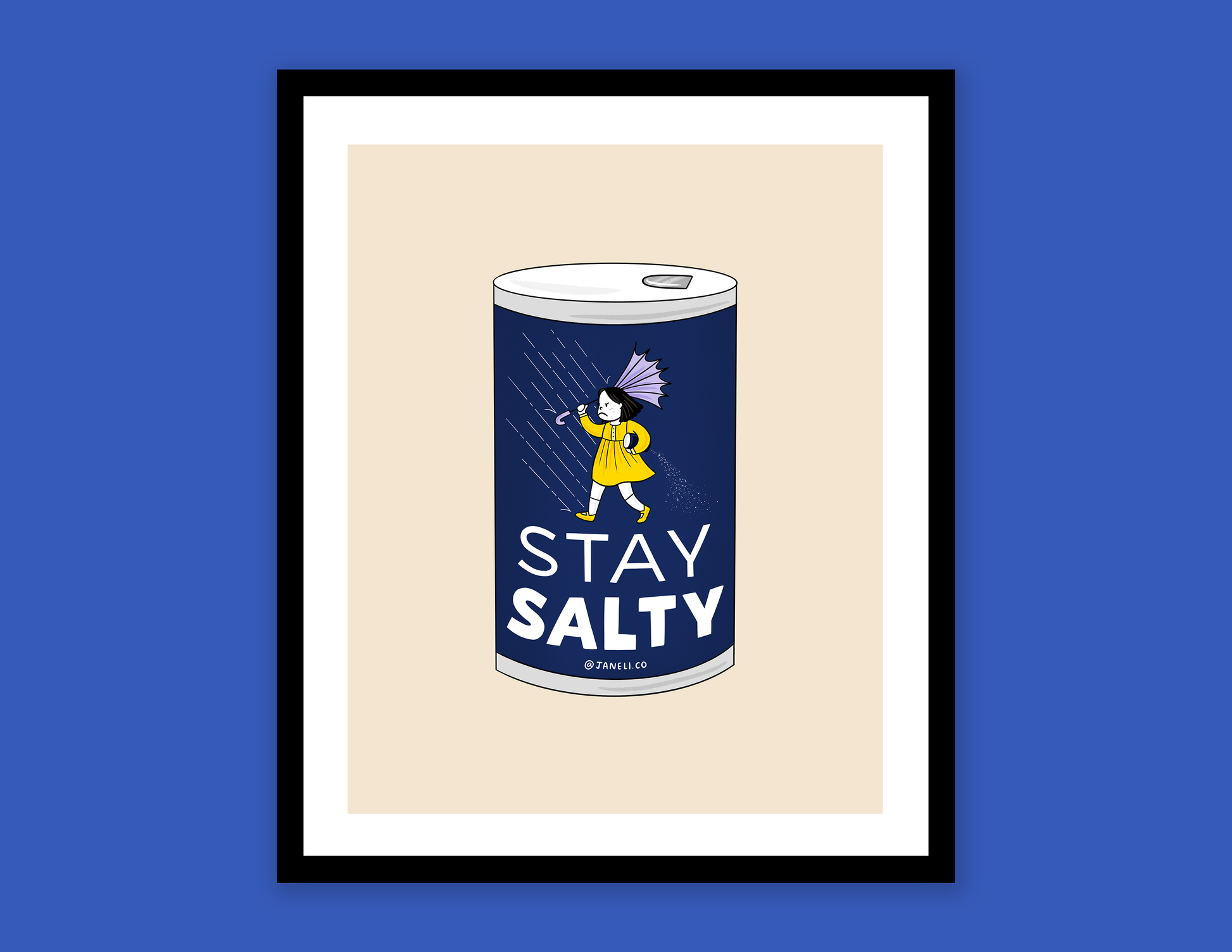 A digital mock of a framed JaneLi.Co print that shows a grumpy salt girl spilling a can of salt in the rain over a navy background.