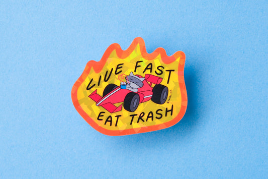 A JaneLi.Co sticker of a raccoon driving a racecar with flames while slurping a soda that says "Live Fast Eat Trash" over a blue background.