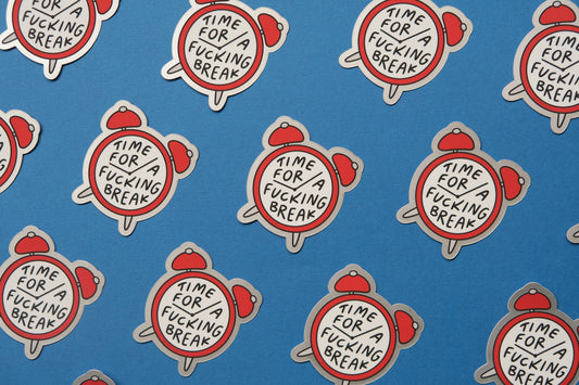 A grid of JaneLi.Co stickers of alarm clocks that say "Time for a Fucking Break" over a blue background.