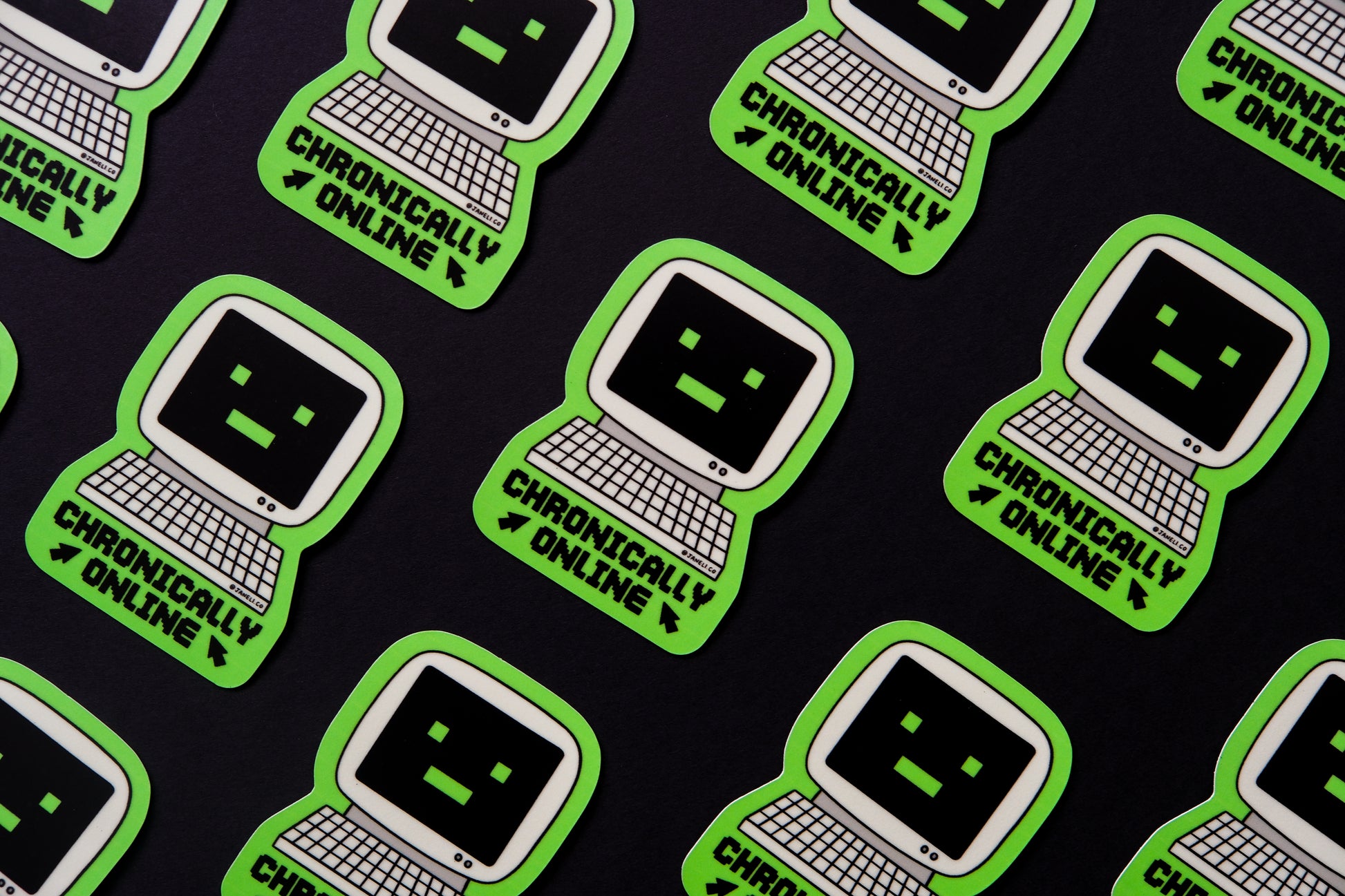 A grid of JaneLi.Co stickers of retro computers that say "Chronically Online" over a black background.