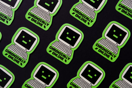 A grid of JaneLi.Co stickers of retro computers that say "Chronically Online" over a black background.