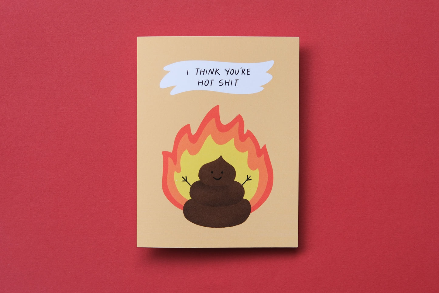 A photo of a greeting card with a flaming poop that says "I think you're hot shit" on a red background.