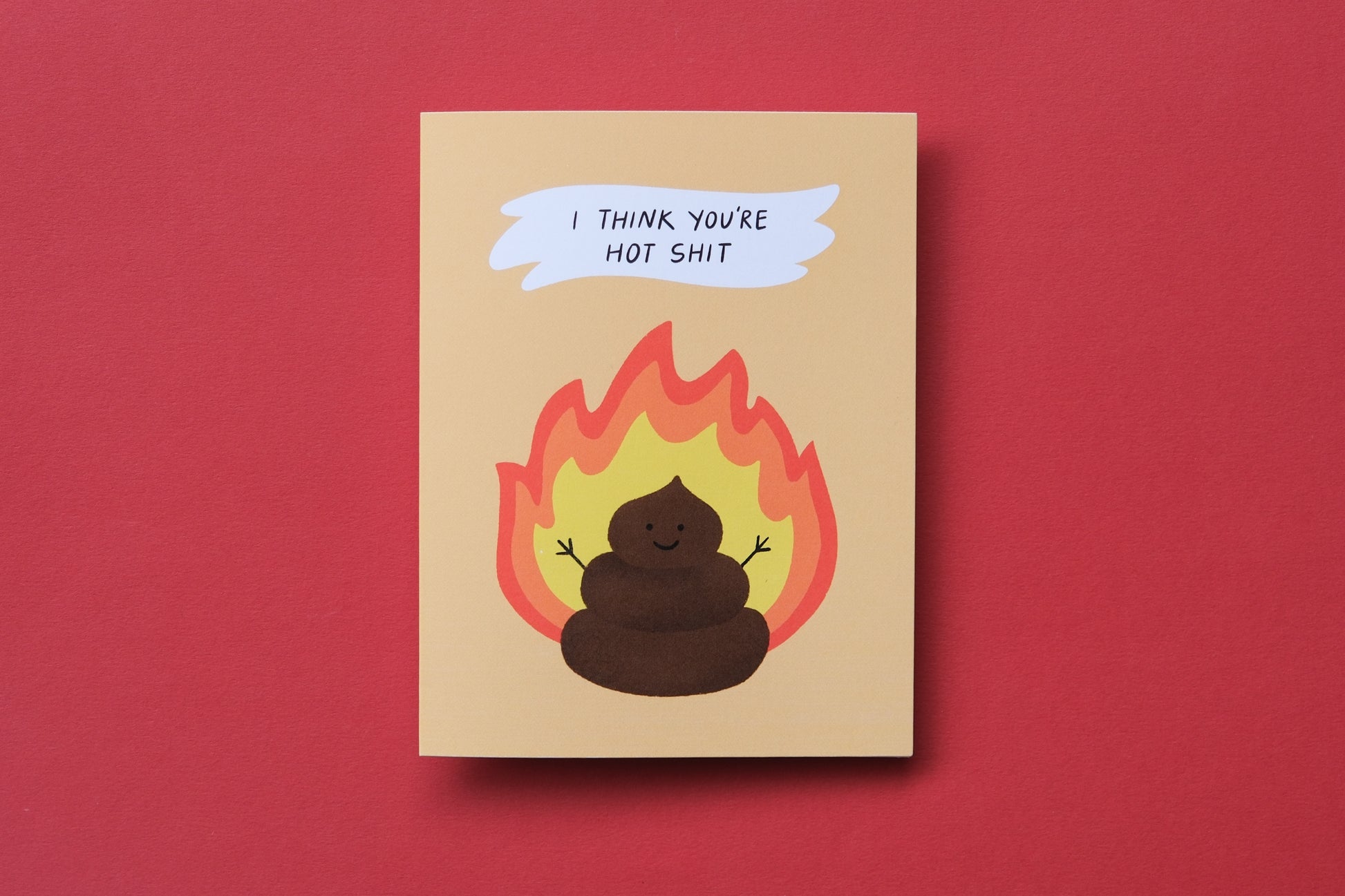 A photo of a greeting card with a flaming poop that says "I think you're hot shit" on a red background.