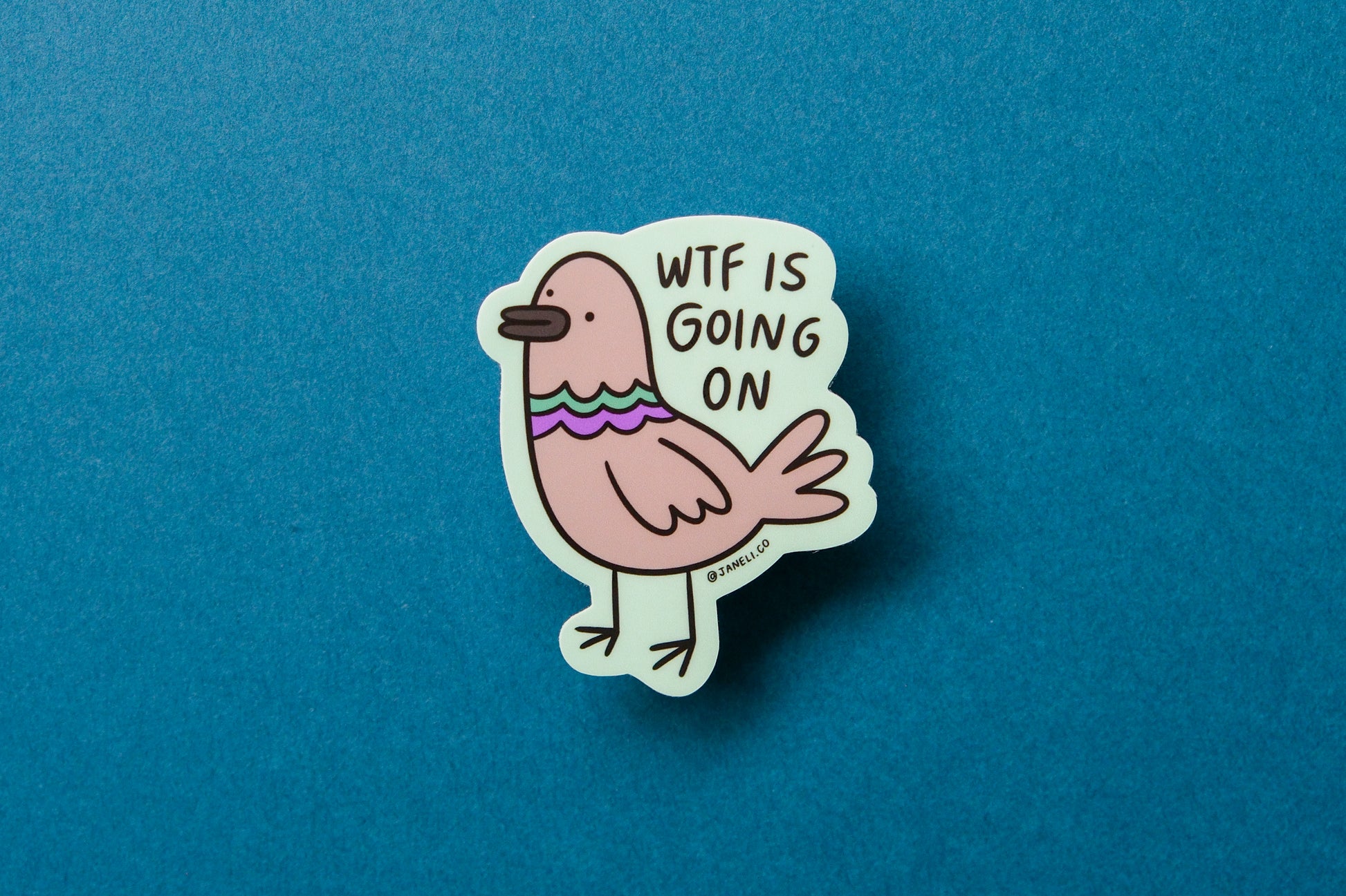 A JaneLi.Co sticker of a pigeon that says "WTF is going on" over a teal background.