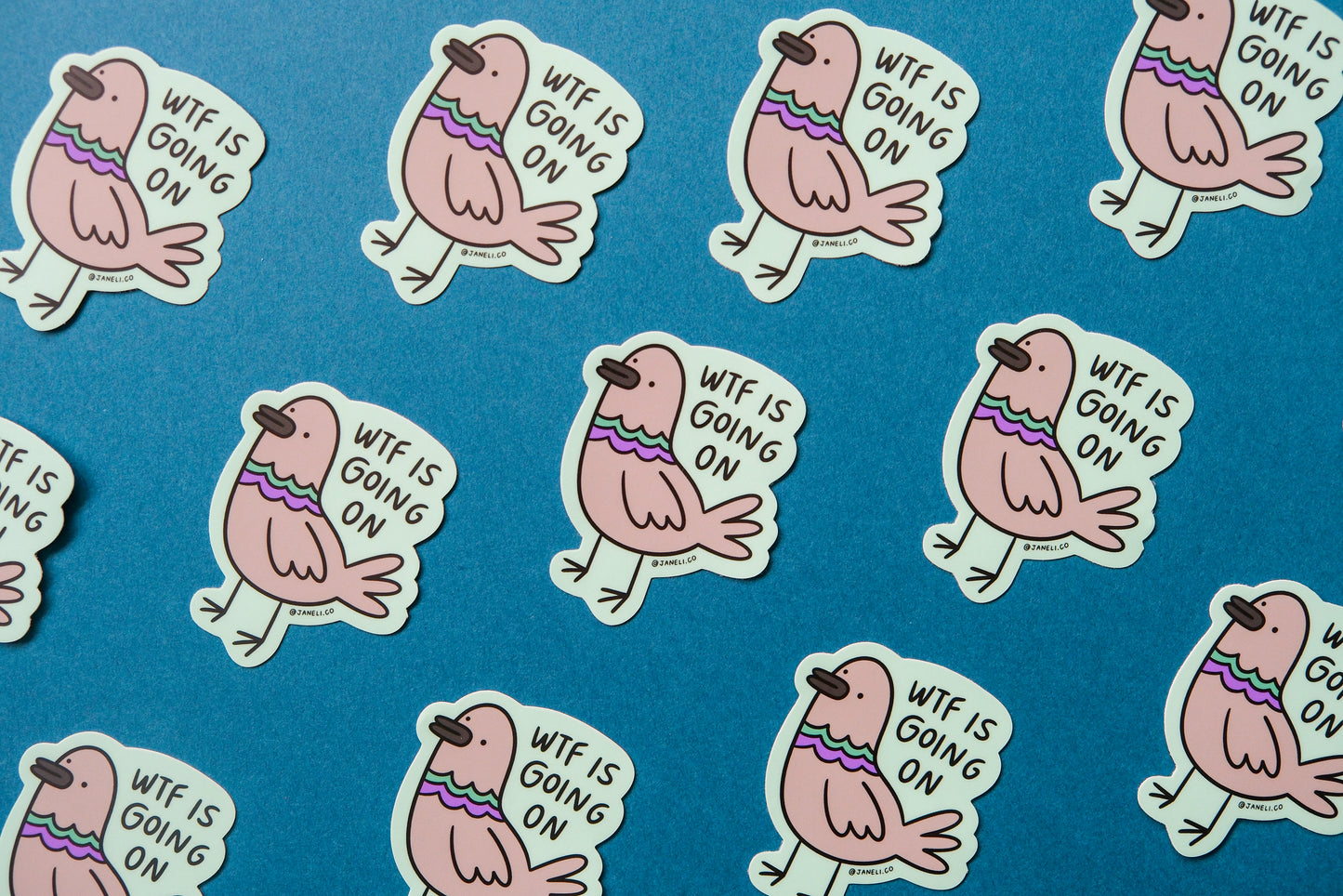 A grid of JaneLi.Co stickers of pigeons that say "WTF is going on" over a teal background.