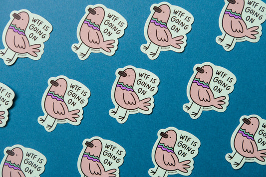 A grid of JaneLi.Co stickers of pigeons that say "WTF is going on" over a teal background.