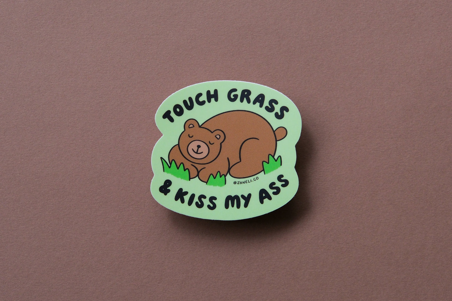 A JaneLi.Co sticker of a napping brown bear that says "Touch grass and kiss my ass" over a brown background.