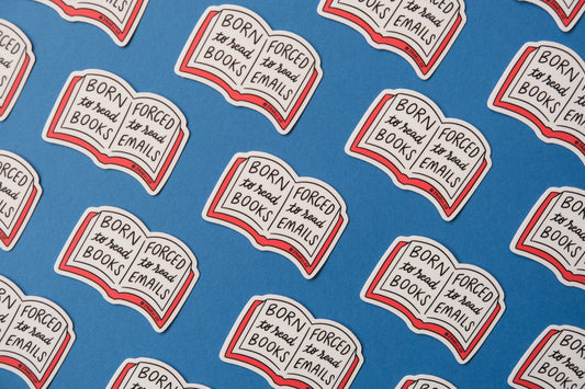A grid of JaneLi.Co stickers of open books that say "Born to read books, forced to read emails" over a blue background.