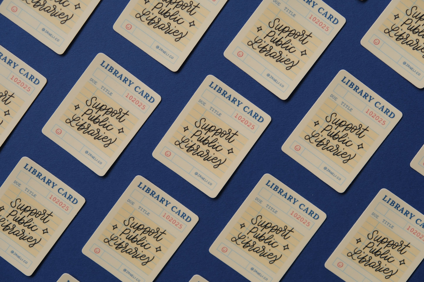 A grid of JaneLi.Co stickers of vintage library cards that say "Support Public Libraries" over a dark blue background.