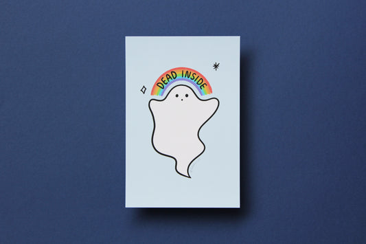 A JaneLi.Co mini print/postcard that shows a little white ghost holding up a rainbow that says "Dead Inside" over a navy blue background.
