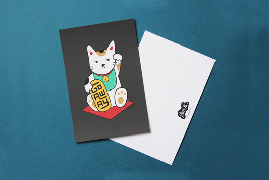 A JaneLi.Co mini print/postcard that shows a maneki neko cat holding a gold bar that says "Go Away" and a back postcard side of the same print over a teal background.