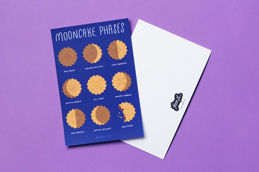 A JaneLi.Co mini print/postcard that says "Mooncake Phases" with 9 different illustrations of mooncakes in the different moon cycle phases and a back postcard side of the same print over a purple background.