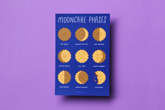 A JaneLi.Co mini print/postcard that says "Mooncake Phases" with 9 different illustrations of mooncakes in the different moon cycle phases over a purple background.
