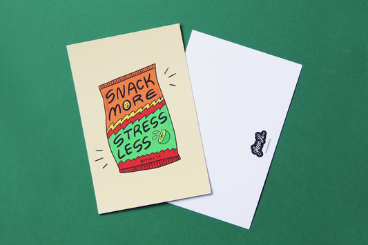 A JaneLi.Co mini print/postcard of a lime hot cheeto chip bag that says "Snack more stress less" and a back postcard side of the same print over a green background.