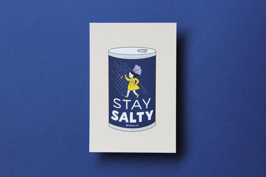 A JaneLi.Co mini print/postcard that shows a grumpy Morton salt girl spilling a can of salt in the rain over a navy background.