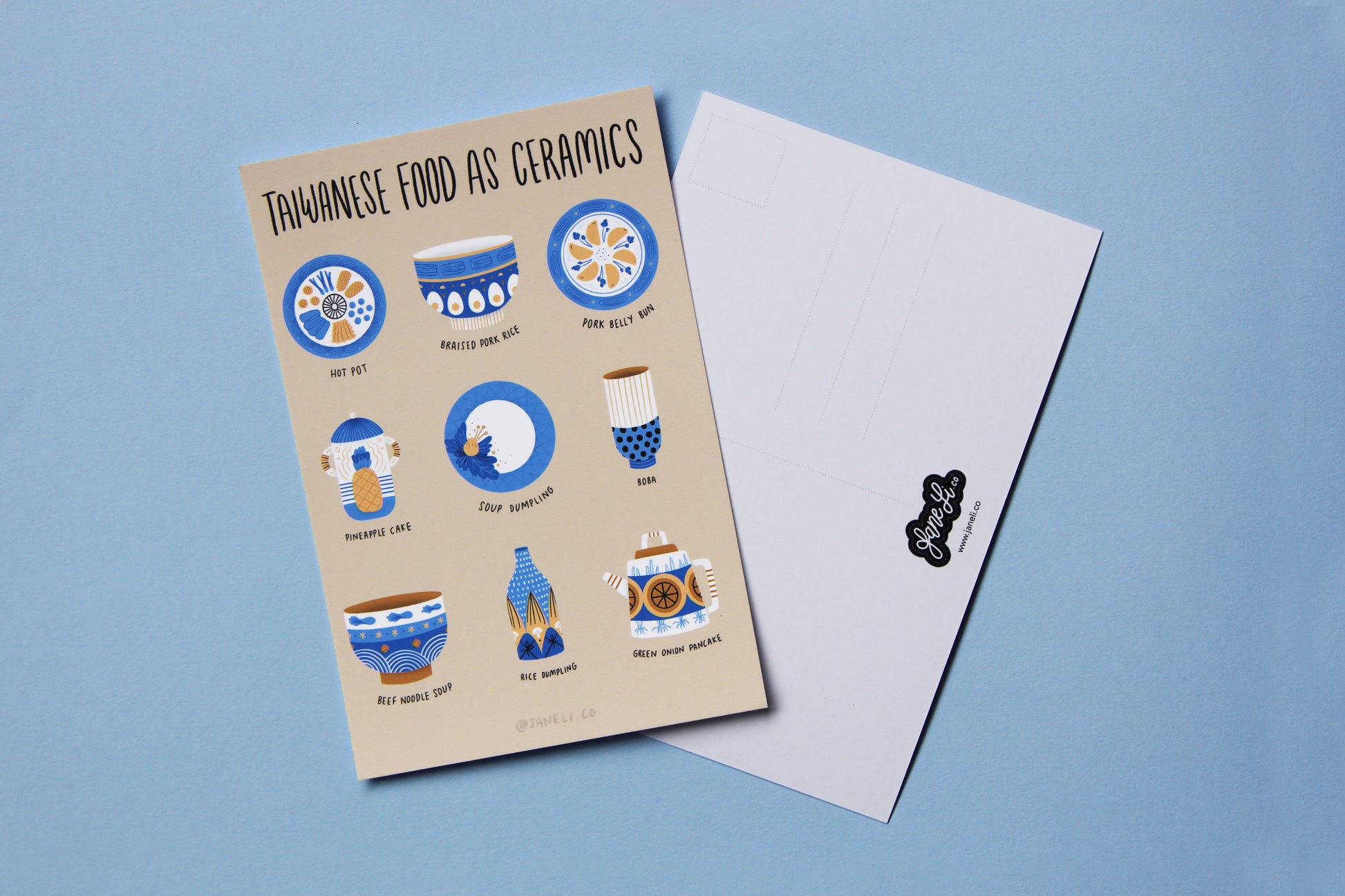 A JaneLi.Co mini print/postcard that says "Taiwanese Foods As Ceramics" with 9 different illustrations of ceramics and a back postcard side of the same print over a blue background.