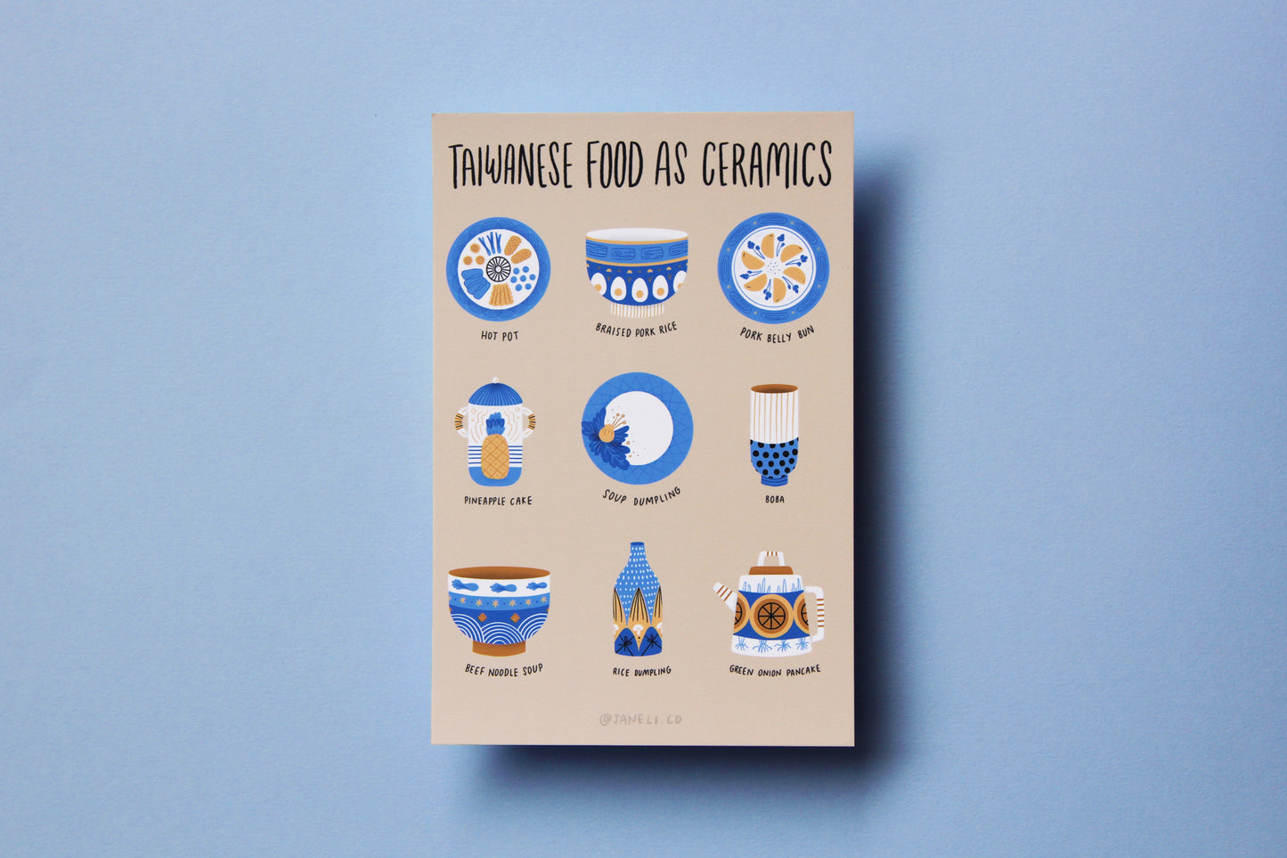 A JaneLi.Co mini print/postcard that says "Taiwanese Foods As Ceramics" with 9 different illustrations of ceramics over a blue background.