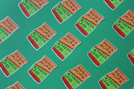 A grid of JaneLi.Co stickers of lime hot cheeto chip bag that says "Snack more stress less" over a green background.