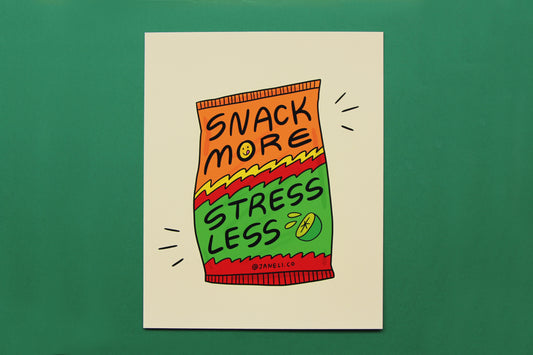 A JaneLi.Co print that says "Snack More Stress Less" on a spicy lime chip bag over a green background.