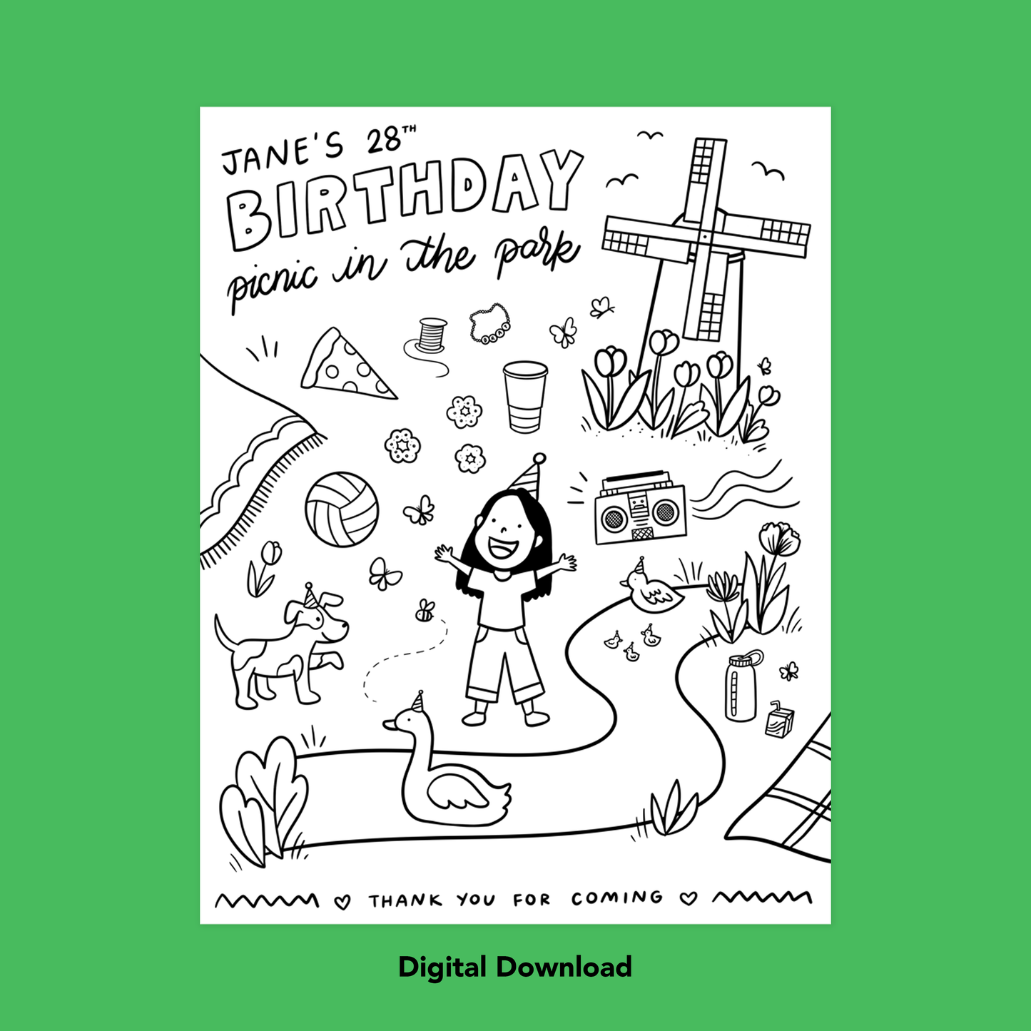 Jane's 28th Birthday Coloring Sheet (Digital Download)