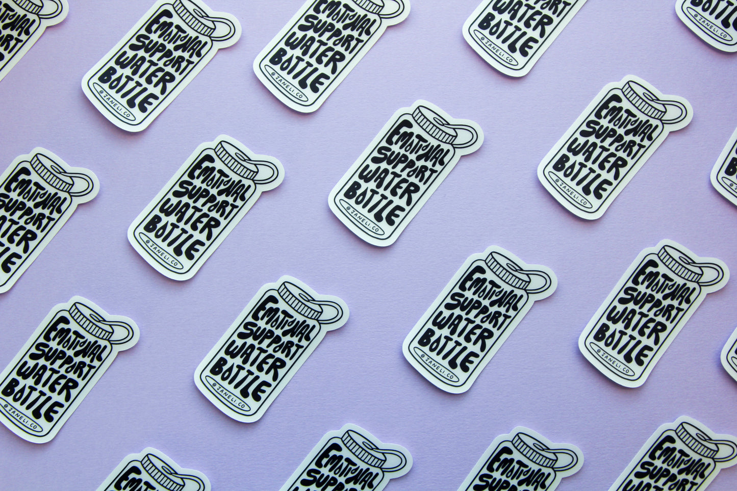 A grid of JaneLi.Co stickers that say "Emotional Support Water Bottle" in the shape of a water bottle over a lavender background.