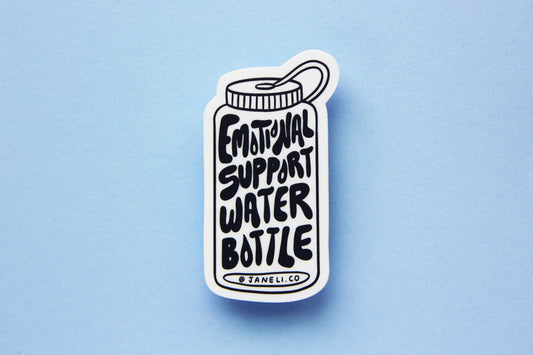 A black and white JaneLi.Co sticker that says "Emotional Support Water Bottle" in the shape of a water bottle over a sky blue background.