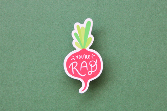 A cute JaneLi.Co sticker that says "You're Rad" in the shape of a small radish over a green background.