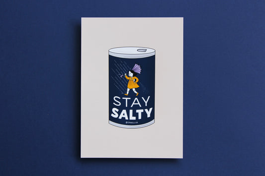 A JaneLi.Co print that shows a grumpy salt girl spilling a can of salt in the rain over a navy background.