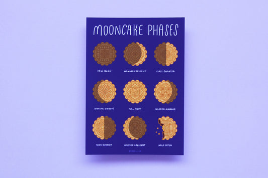 A JaneLi.Co print that says "Mooncake Phases" with 9 different illustrations of mooncakes in the different moon cycle phases over a purple background.