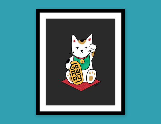 A digital mock of a framed JaneLi.Co print that shows a maneki neko cat holding a gold bar that says "Go Away" over a teal background.