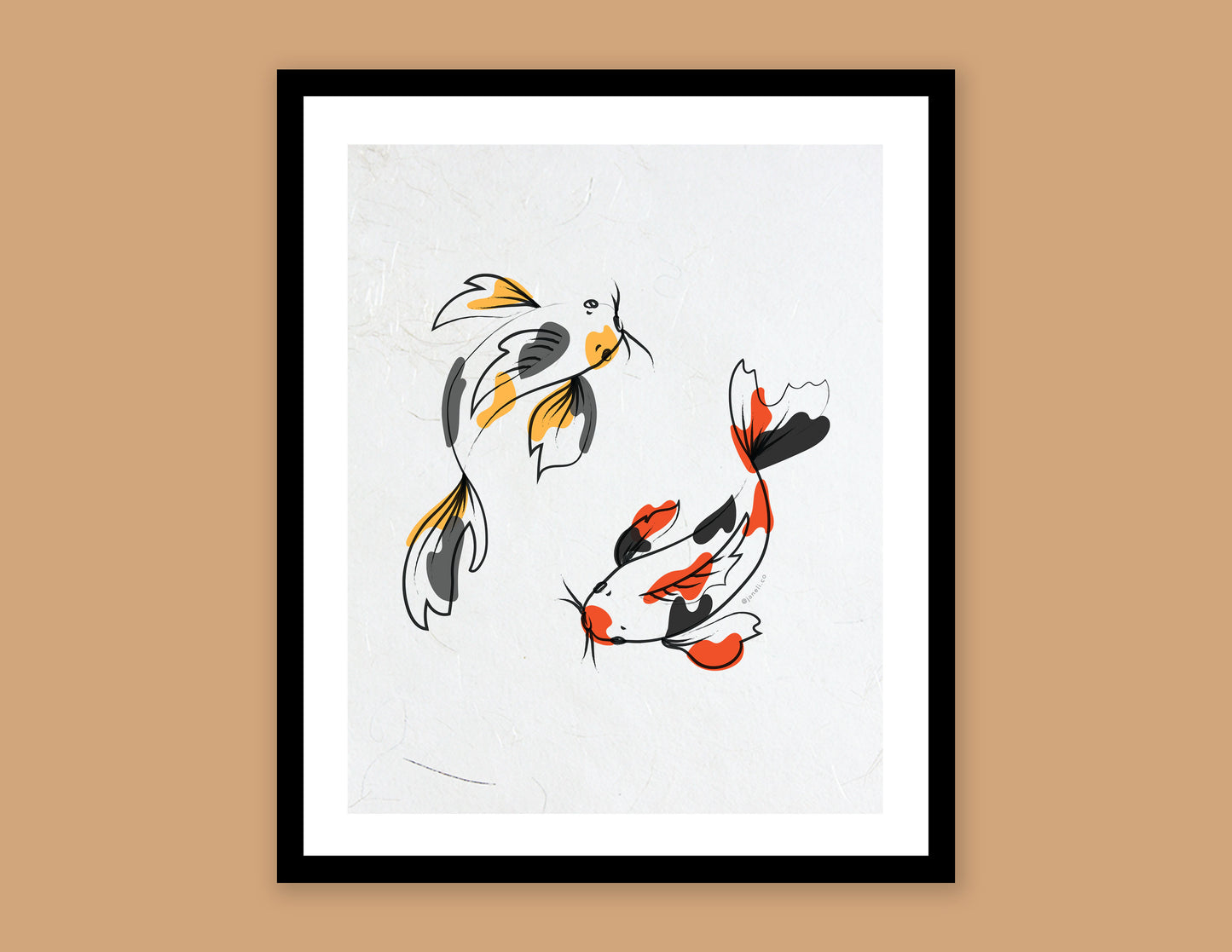 A digital mock of a framed JaneLi.Co print of 2 circling koi over a tan background.