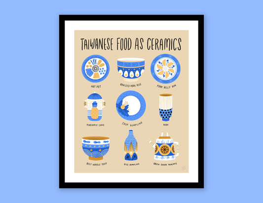 A digital mock of a framed JaneLi.Co print that says "Taiwanese Foods As Ceramics" with 9 different illustrations of ceramics over a blue background.