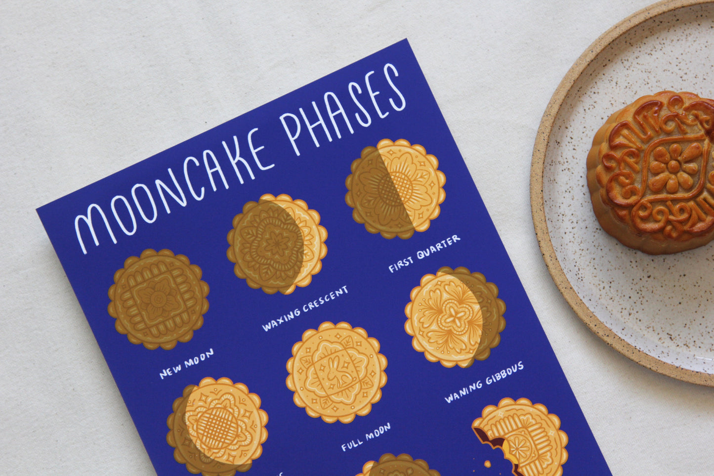 A JaneLi.Co print that says "Mooncake Phases" with 9 different illustrations of mooncakes in the different moon cycle phases next to a plate with a mooncake over a white background.