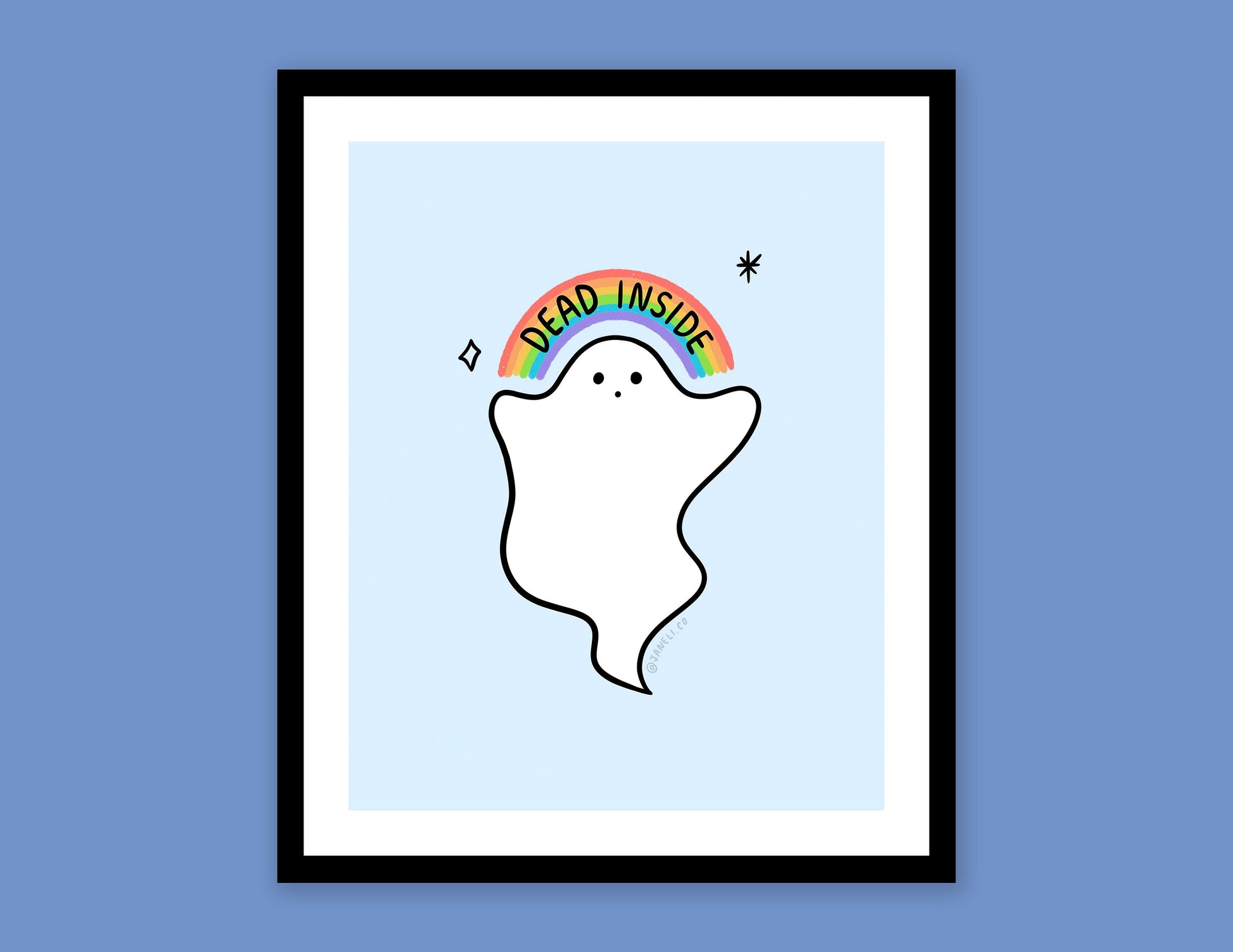 A digital mock of a framed JaneLi.Co print that shows a little white ghost holding up a rainbow that says "Dead Inside" over a navy blue background.